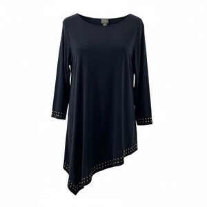 Chico’s TRAVELERS 1 M (8-10) Gold Studs Detail Navy Blue Asymmetrical Top Blouse